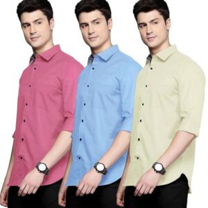 Pinkmint Men's Shirt Cotton BlendCasual Long Sleeve Formal Shirt Soild Formal Shirt for Men (Pack of 3)