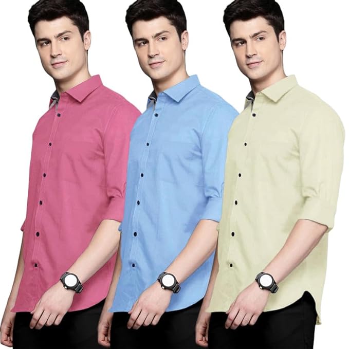 Pinkmint Men's Shirt Cotton BlendCasual Long Sleeve Formal Shirt Soild Formal Shirt for Men (Pack of 3)